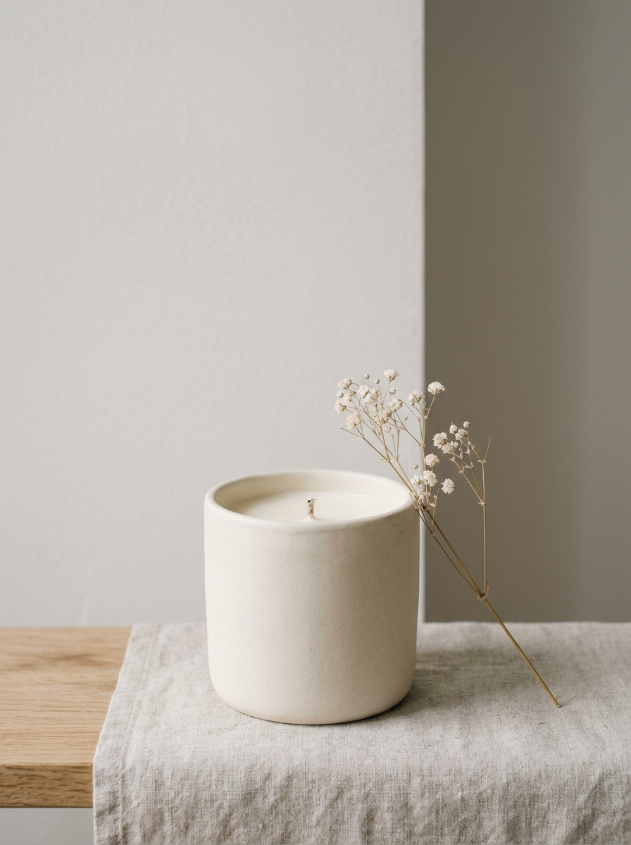 Bougie en pot de céramique crème et brin de fleur séchée, image générée pour l’exemple